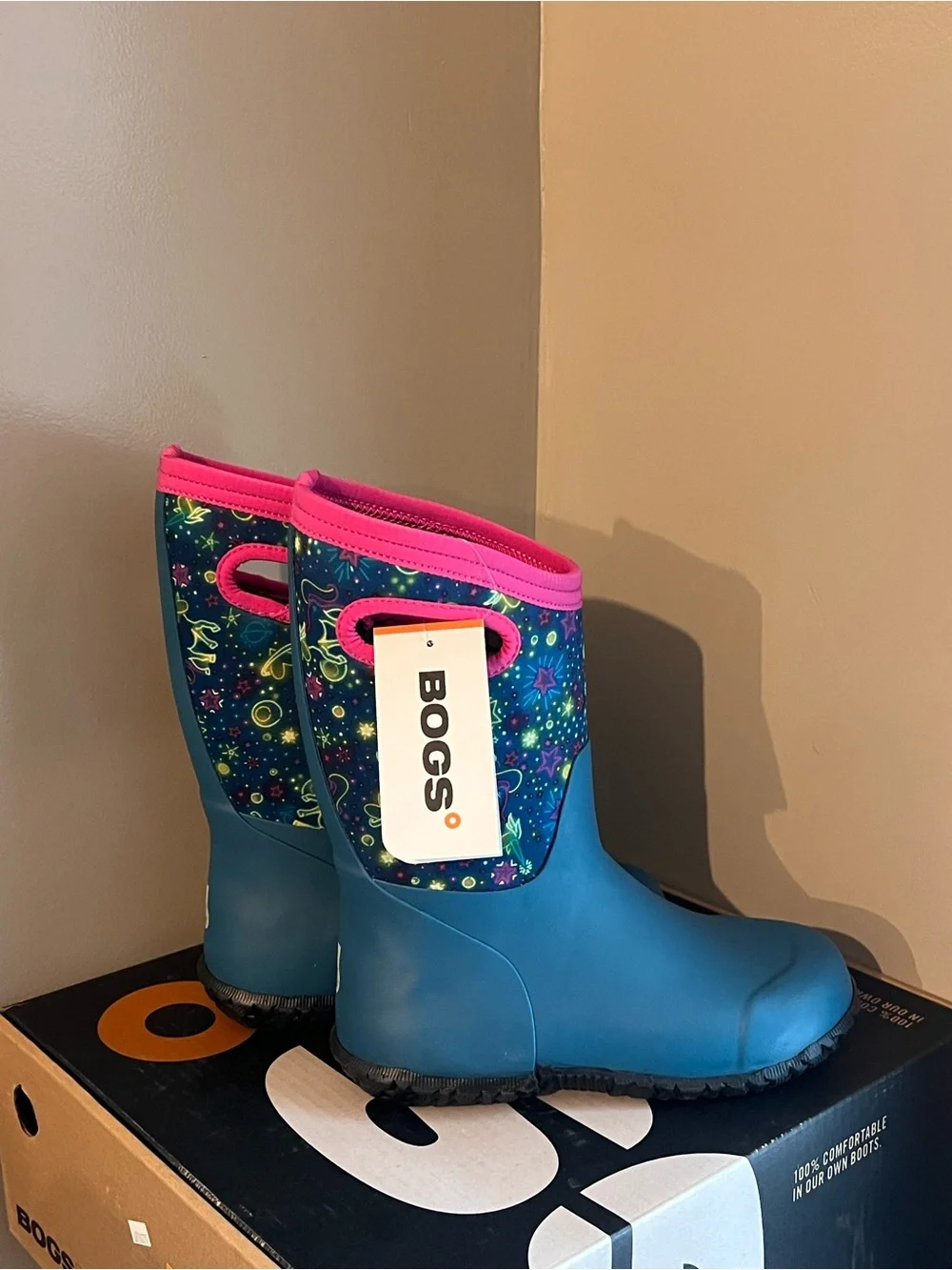 Bogs Kids Blue Snow Boots with Pink Trim & Galaxy Print Neon